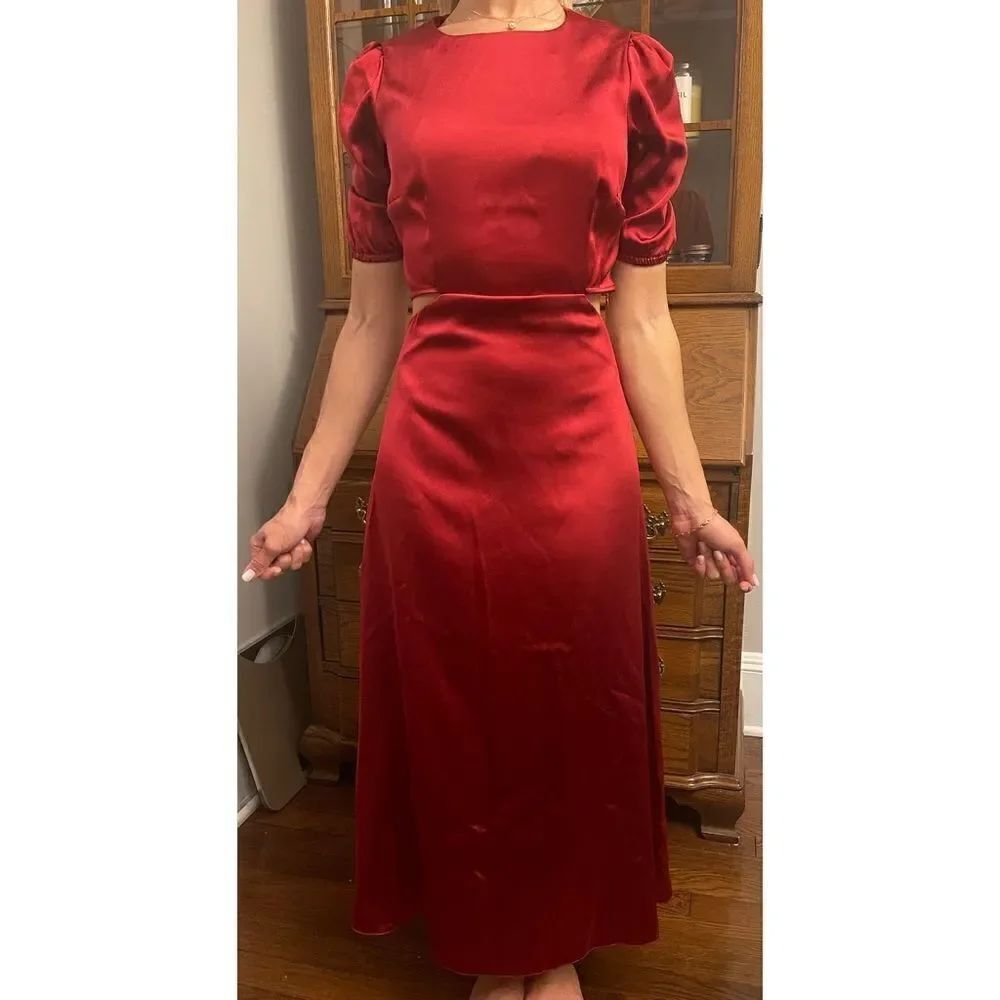 ANTHROPOLOGIE  RED SATIN CUT OUT MIDI DRESS - Picture 7 of 8